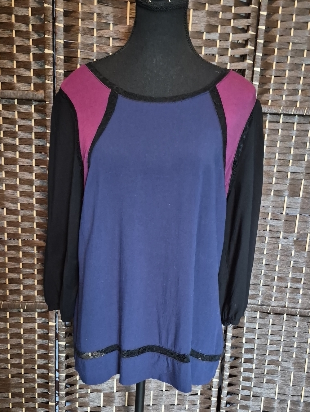 Catherine Malandrino Navy, Black and Plum Colorblock Long Sleeve Top